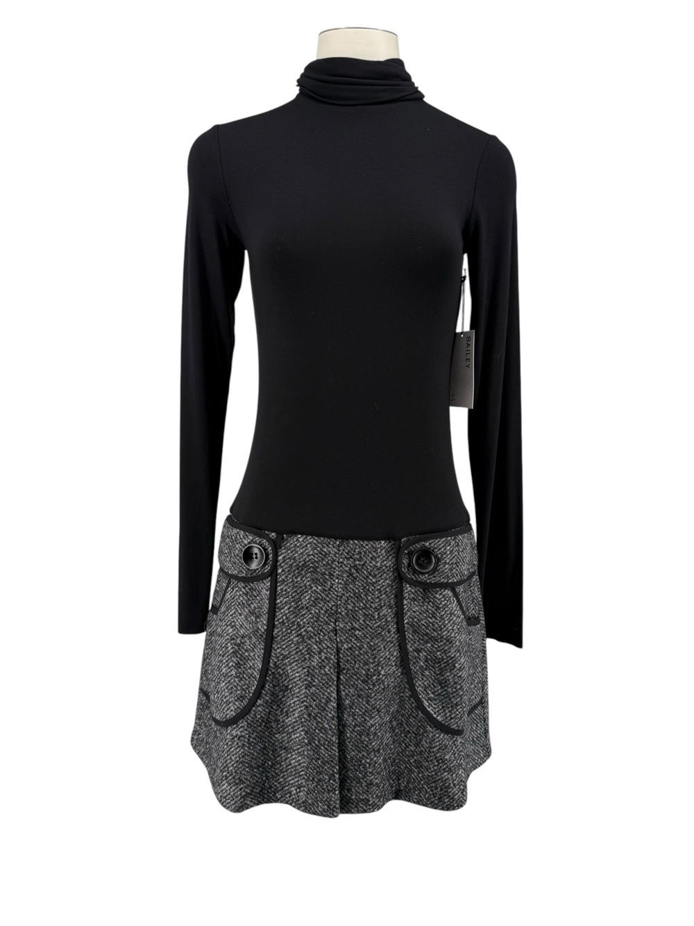 Bailey 44 Black Turtleneck with Grey Tweed Mini Skirt dress